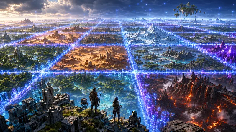Concept painting: shards of different biomes on a glowing grid