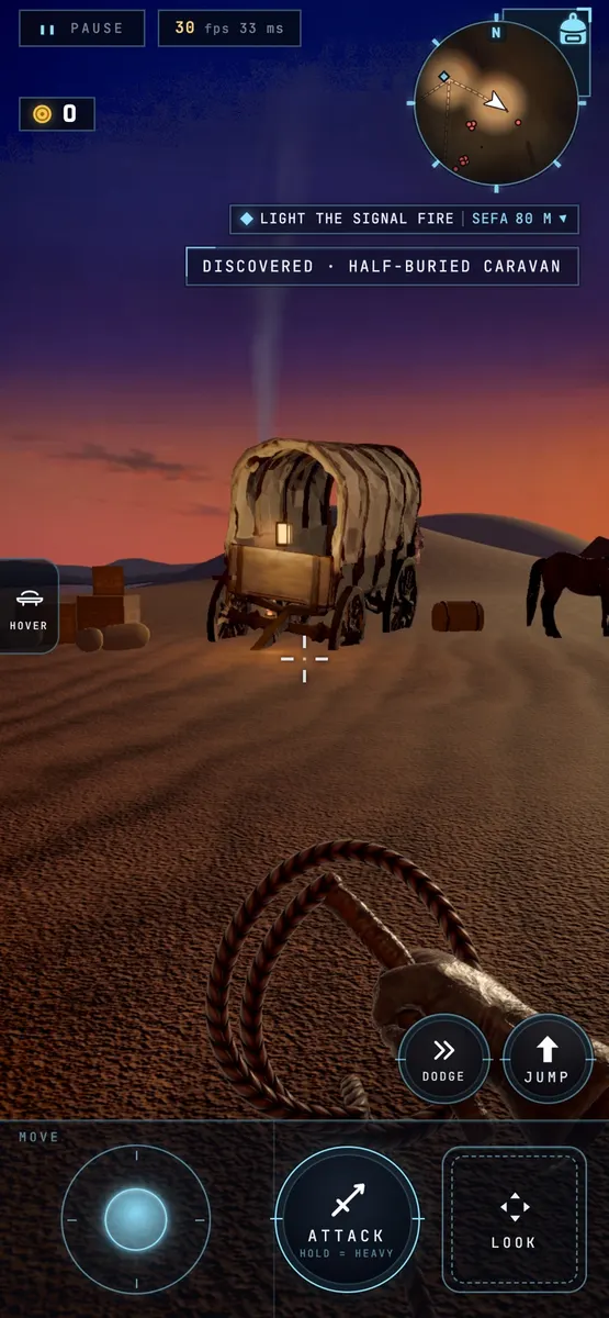 Signal Dunes in the game: a caravan wagon on a dune at dusk
