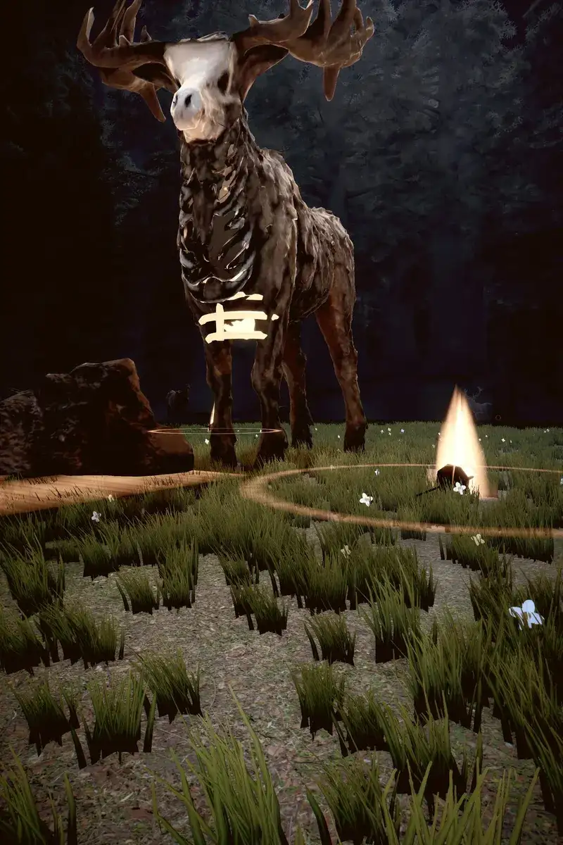 Pine Hollow in the game: the Antler King by a fire at night