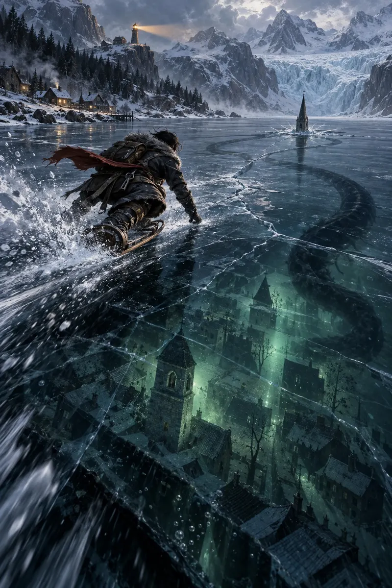 Pitch C, Thin Ice: racing over black ice above a drowned village