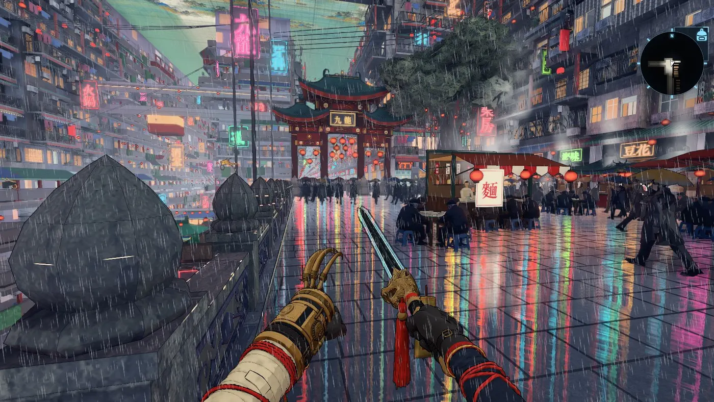 Nine Dragon Stack in the game: a red gate over a neon square