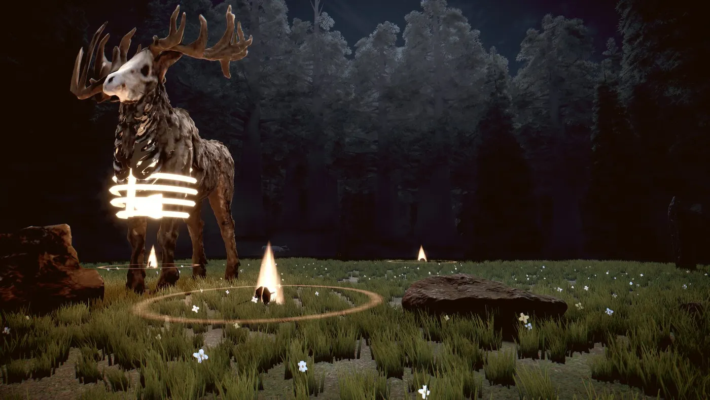 Pine Hollow in the game: the Antler King by a fire at night